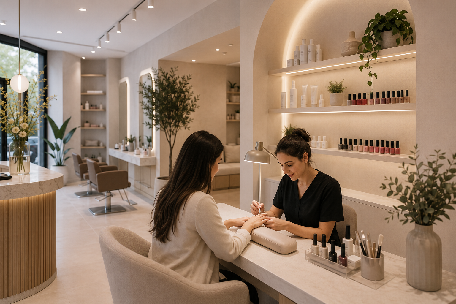 Profesional de belleza atendiendo una manicura en un salón