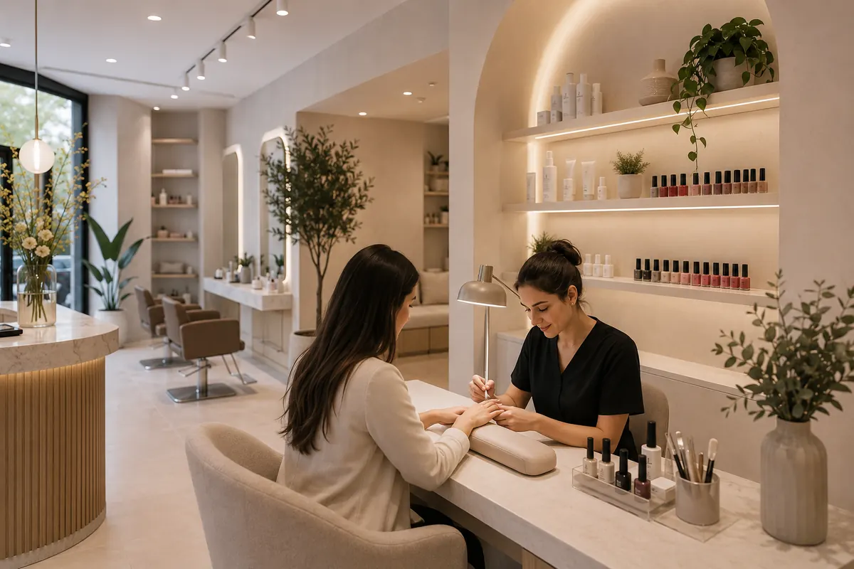 Profesional de belleza atendiendo una manicura en un salón